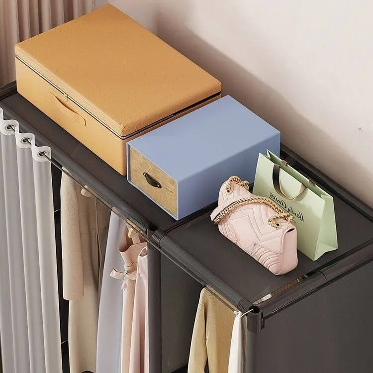 Space-Saving Metal Wardrobe Armoire With Curtain And Drawers