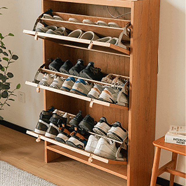 Space-Saving Rattan Shoe Cabinet, Natural Wood