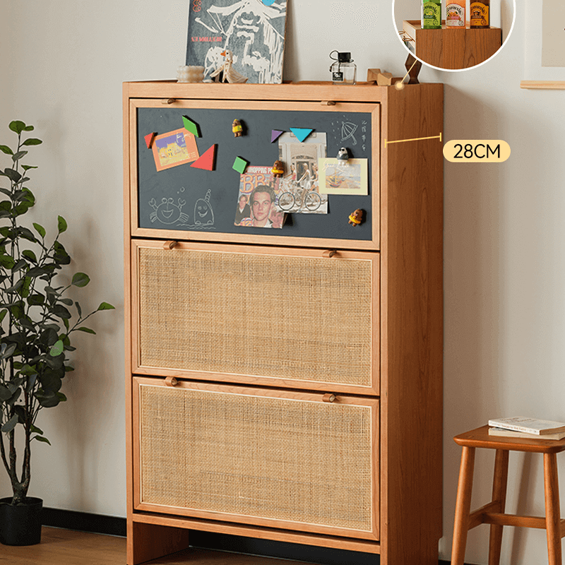 Space-Saving Rattan Shoe Cabinet, Natural Wood