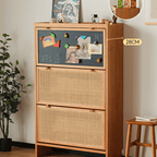 Space-Saving Rattan Shoe Cabinet, Natural Wood