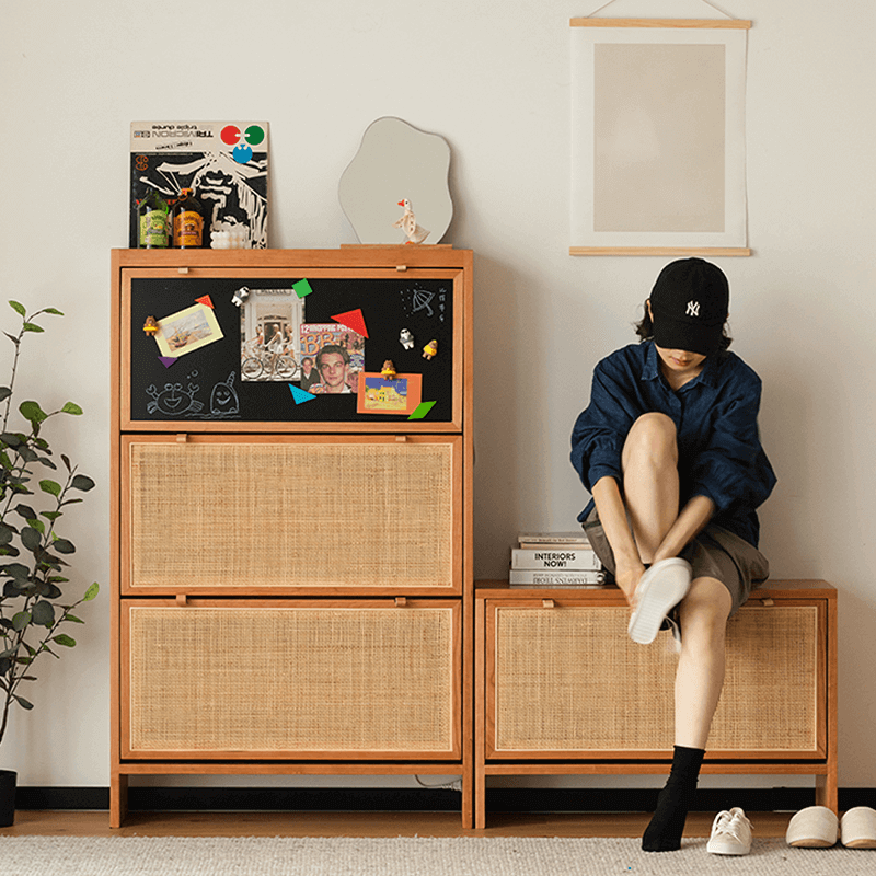Space-Saving Rattan Shoe Cabinet, Natural Wood