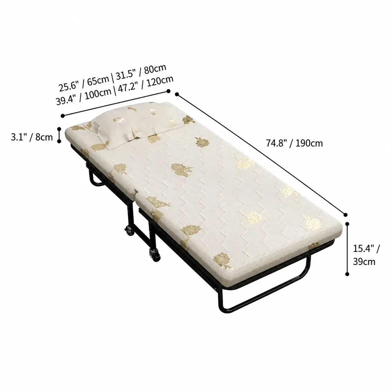 Space-Saving Rollaway Bed with 5-Position Backrest and Smooth Casters Dimensions