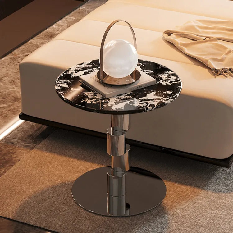 Stacked-Ring Stainless Steel Base Side Table With Bulgari Marble Top