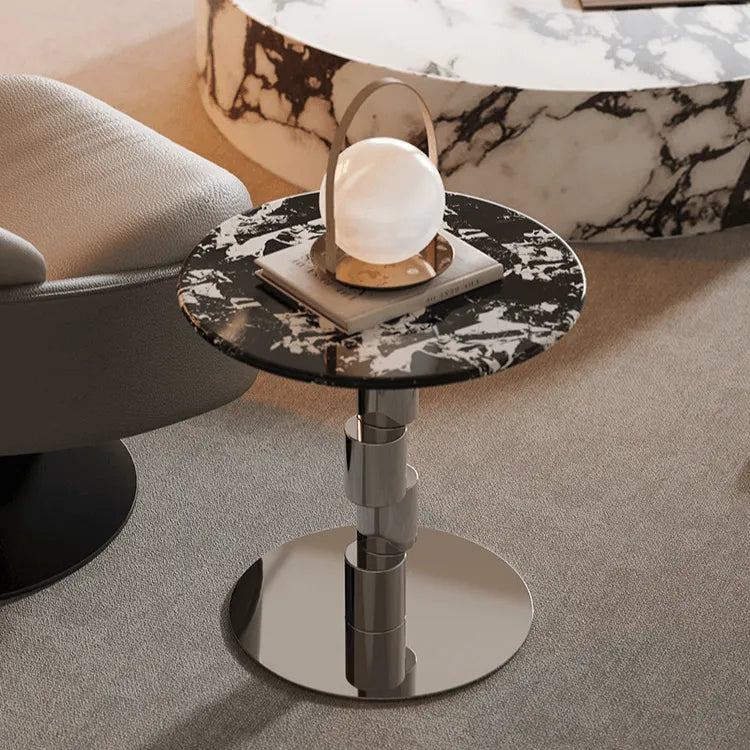 Stacked-Ring Stainless Steel Base Side Table With Bulgari Marble Top