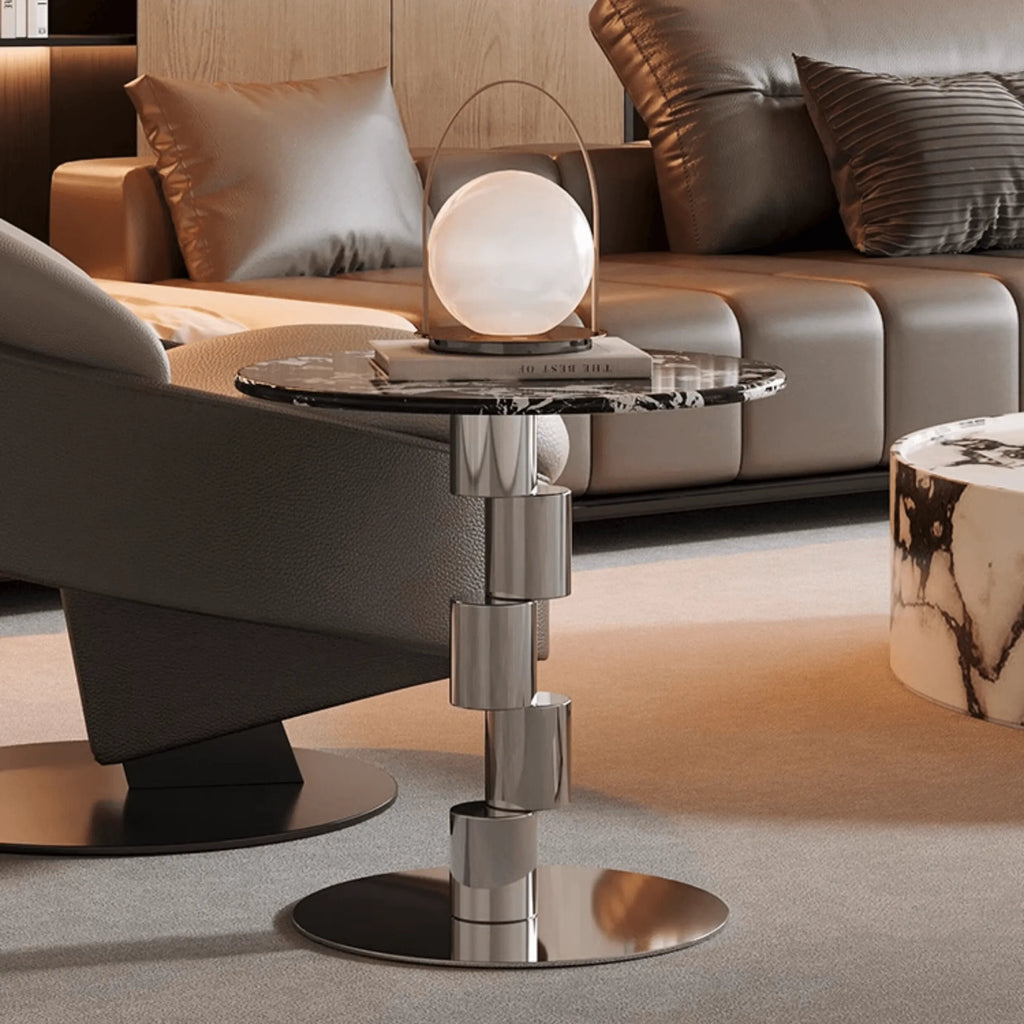 Stacked-Ring Stainless Steel Base Side Table With Bulgari Marble Top