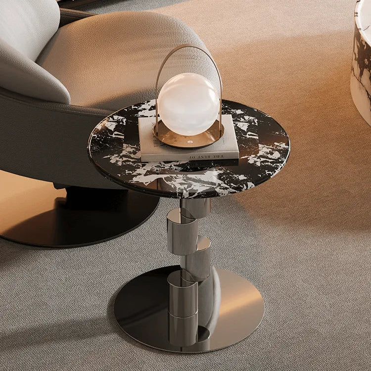 Stacked-Ring Stainless Steel Base Side Table With Bulgari Marble Top