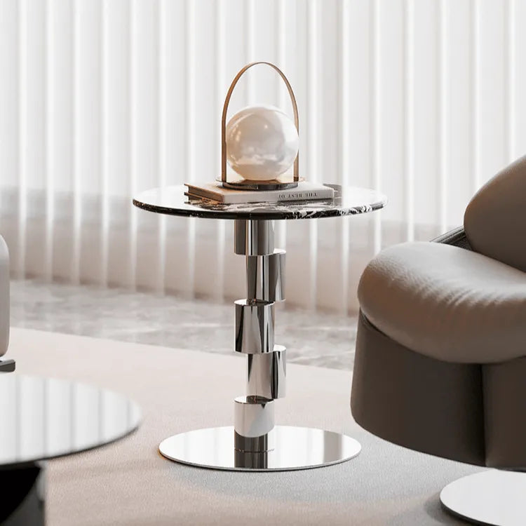 Stacked-Ring Stainless Steel Base Side Table With Bulgari Marble Top Main Product Image