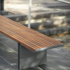 Stainless Steel and Teak Outdoor Lounge Bench Series, Minimalist Slatted Design