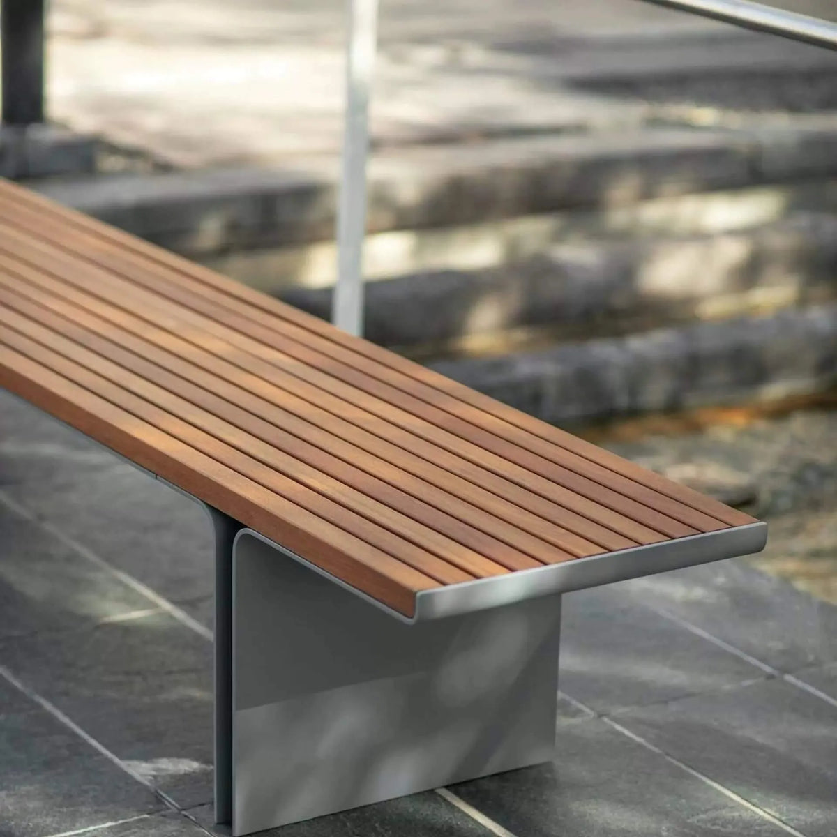 Stainless Steel and Teak Outdoor Lounge Bench Series, Minimalist Slatted Design