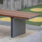 Stainless Steel and Teak Outdoor Lounge Bench Series, Minimalist Slatted Design