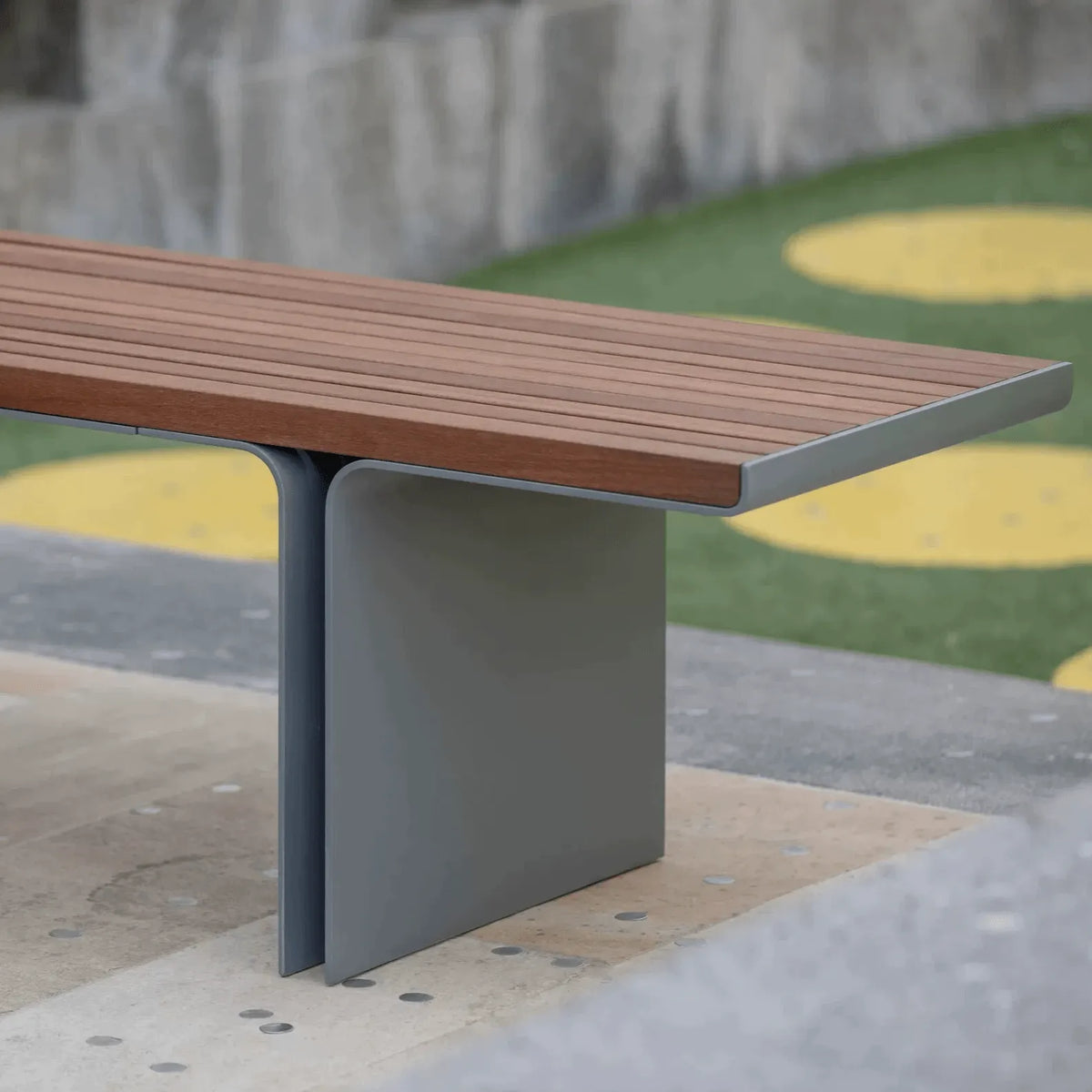 Stainless Steel and Teak Outdoor Lounge Bench Series, Minimalist Slatted Design