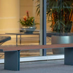 Stainless Steel and Teak Outdoor Lounge Bench Series, Minimalist Slatted Design