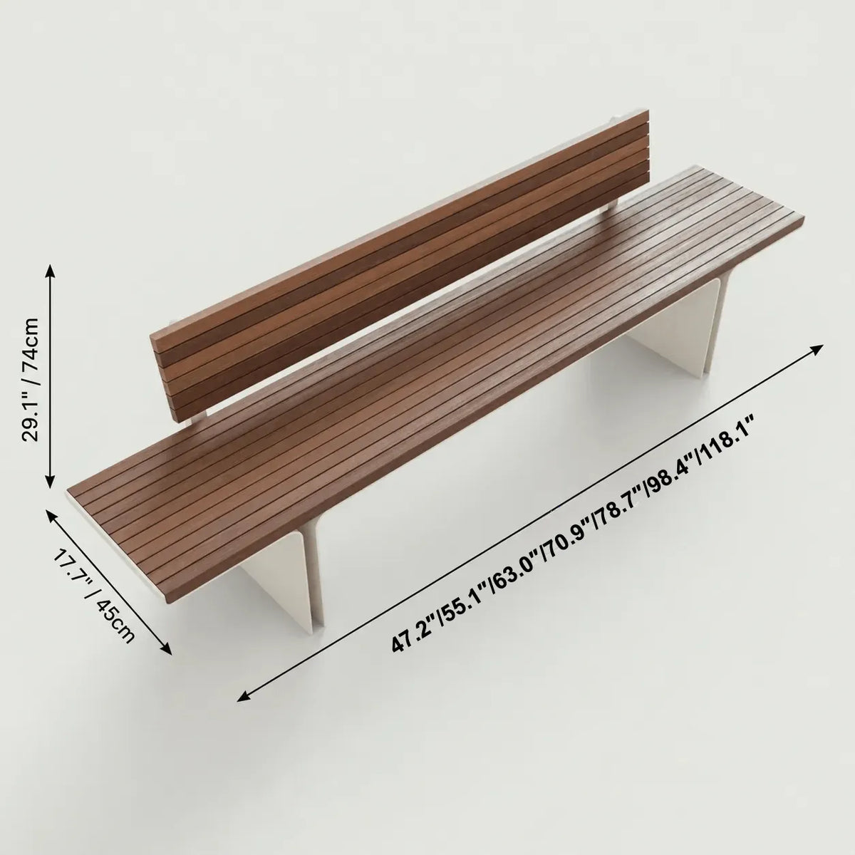 Stainless Steel and Teak Outdoor Lounge Bench Series, Minimalist Slatted Design Dimensions