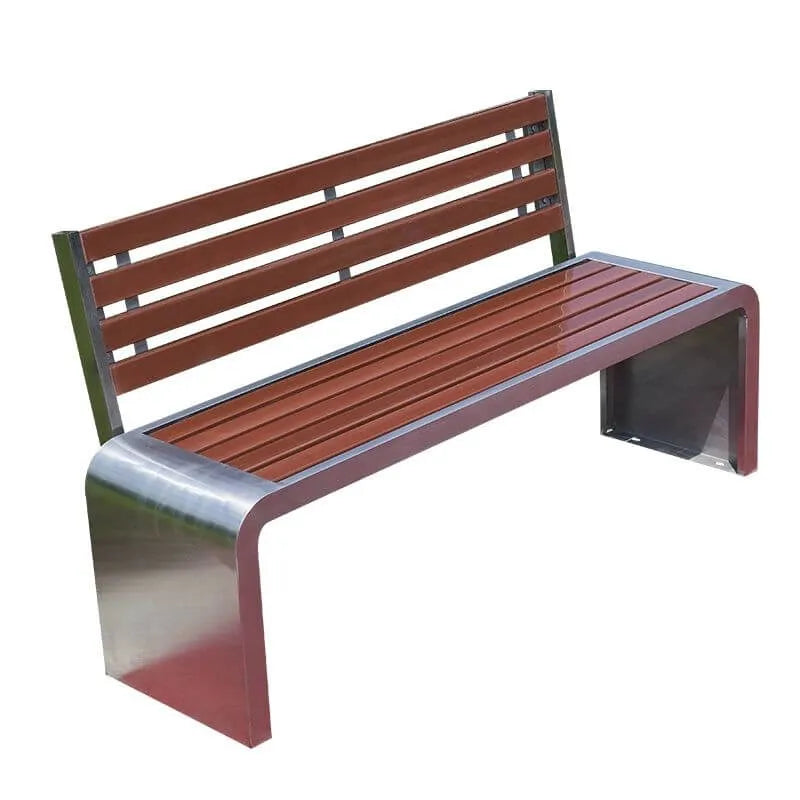 Stainless Steel & Wood Outdoor Bench with Sculptural U-Base