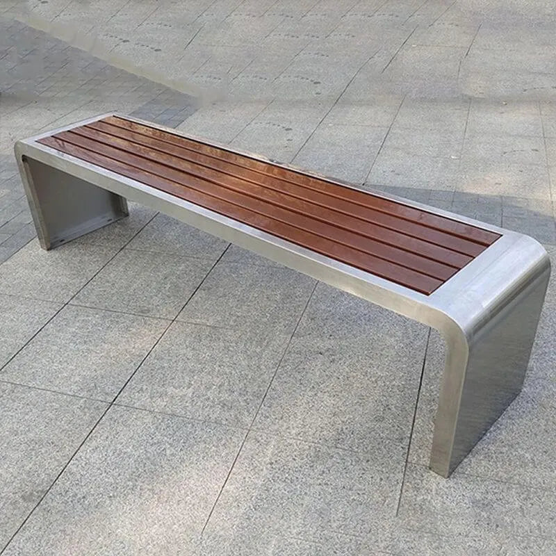 Stainless Steel & Wood Outdoor Bench with Sculptural U-Base