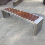 Stainless Steel & Wood Outdoor Bench with Sculptural U-Base