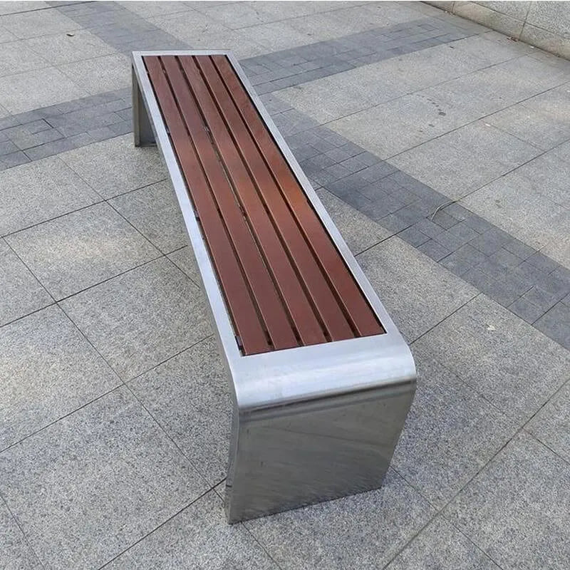 Stainless Steel & Wood Outdoor Bench with Sculptural U-Base