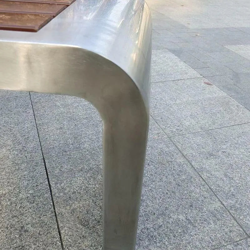 Stainless Steel & Wood Outdoor Bench with Sculptural U-Base