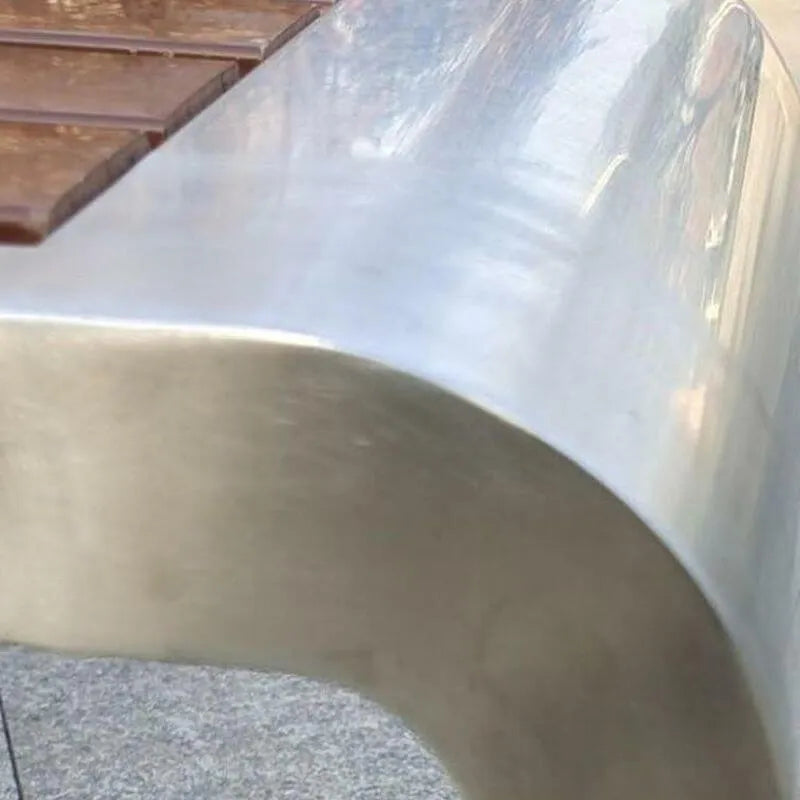 Stainless Steel & Wood Outdoor Bench with Sculptural U-Base