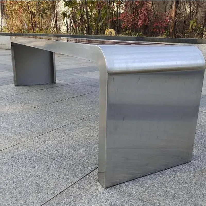 Stainless Steel & Wood Outdoor Bench with Sculptural U-Base