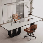 Stone Top Executive Office Desk with Sculptural Base and Solid Wood