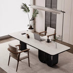 Stone Top Executive Office Desk with Sculptural Base and Solid Wood