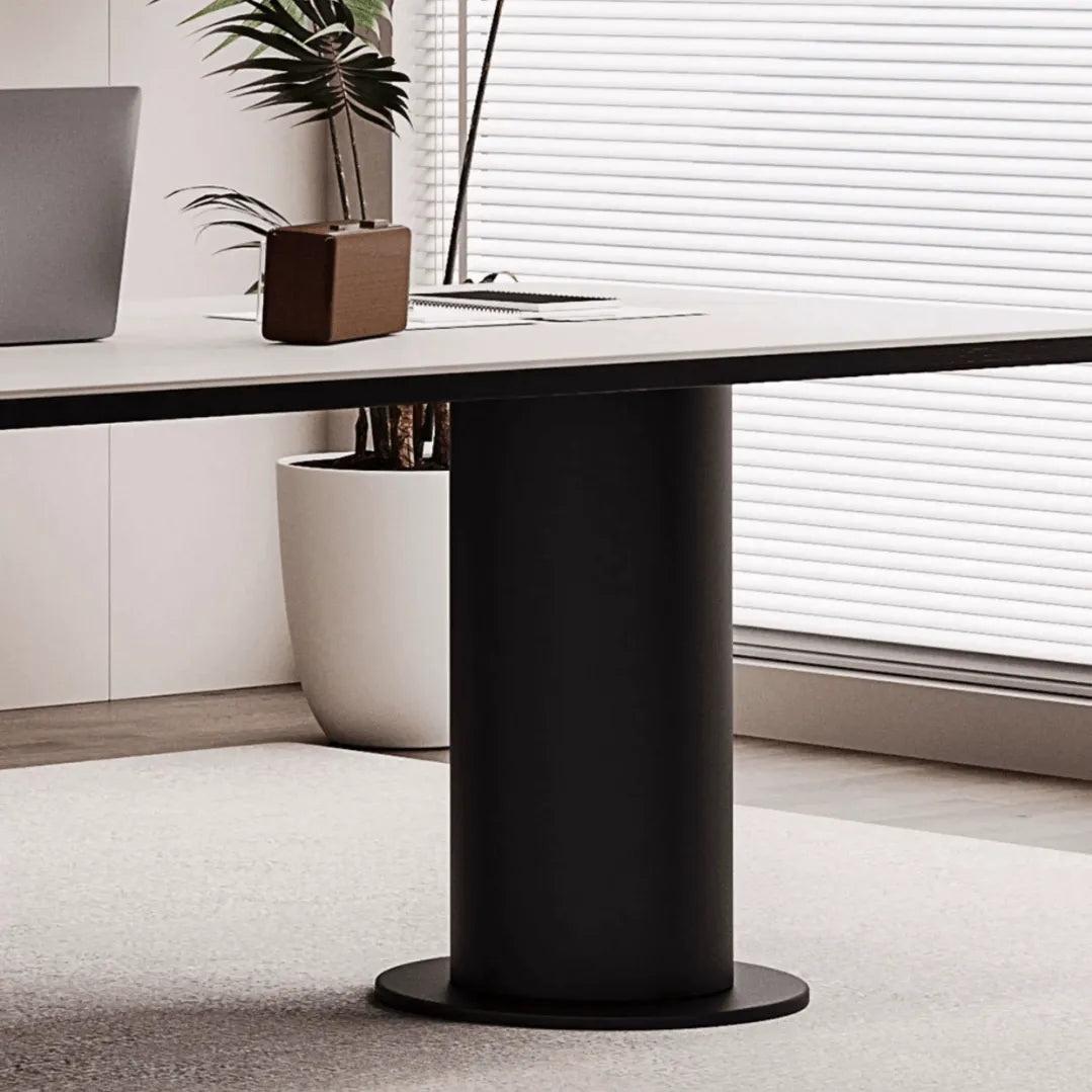 Stone Top Executive Office Desk with Sculptural Base and Solid Wood