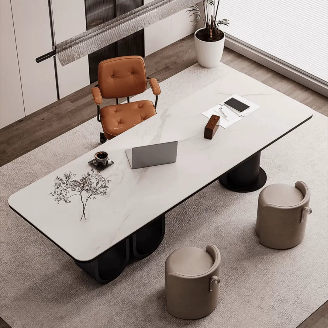 Stone Top Executive Office Desk with Sculptural Base and Solid Wood Image secondaire du produit