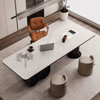 Stone Top Executive Office Desk with Sculptural Base and Solid Wood