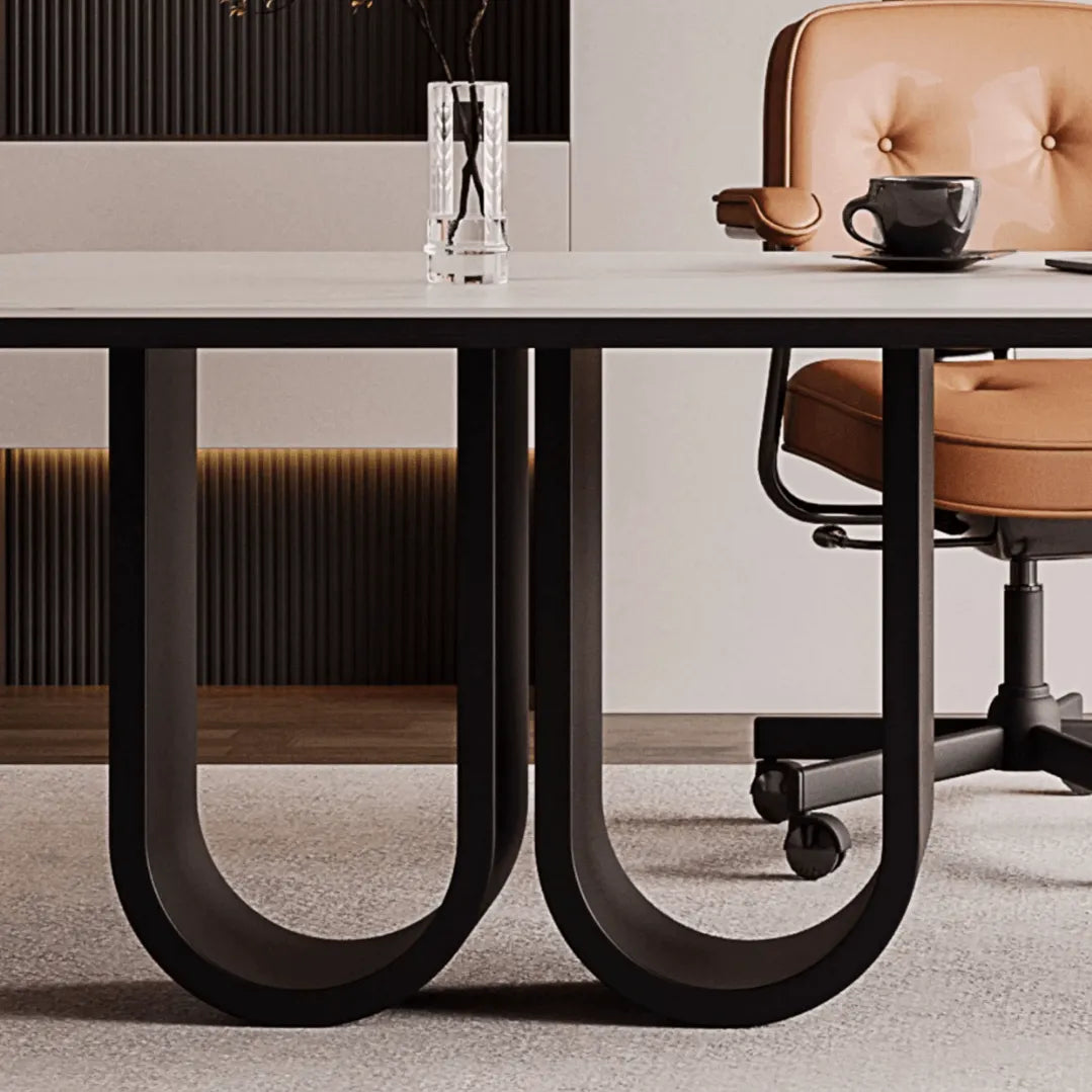 Stone Top Executive Office Desk with Sculptural Base and Solid Wood