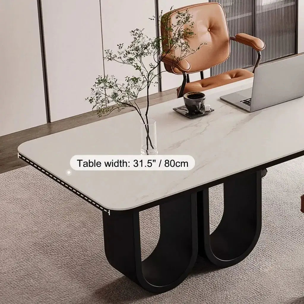 Stone Top Executive Office Desk with Sculptural Base and Solid Wood