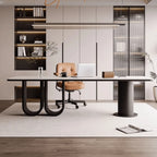 Stone Top Executive Office Desk with Sculptural Base and Solid Wood