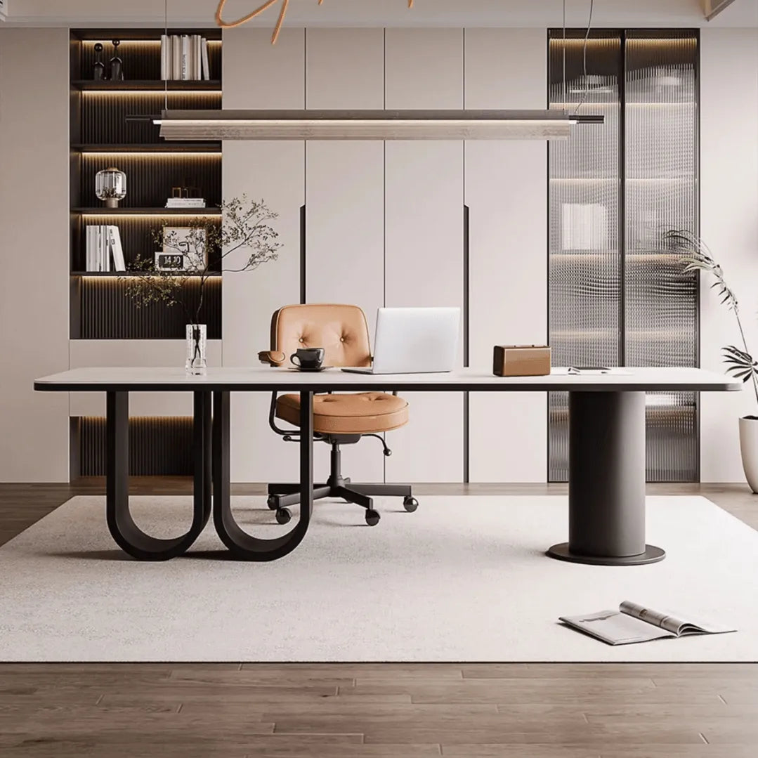 Stone Top Executive Office Desk with Sculptural Base and Solid Wood