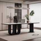 Stone Top Executive Office Desk with Sculptural Base and Solid Wood Main Product Image