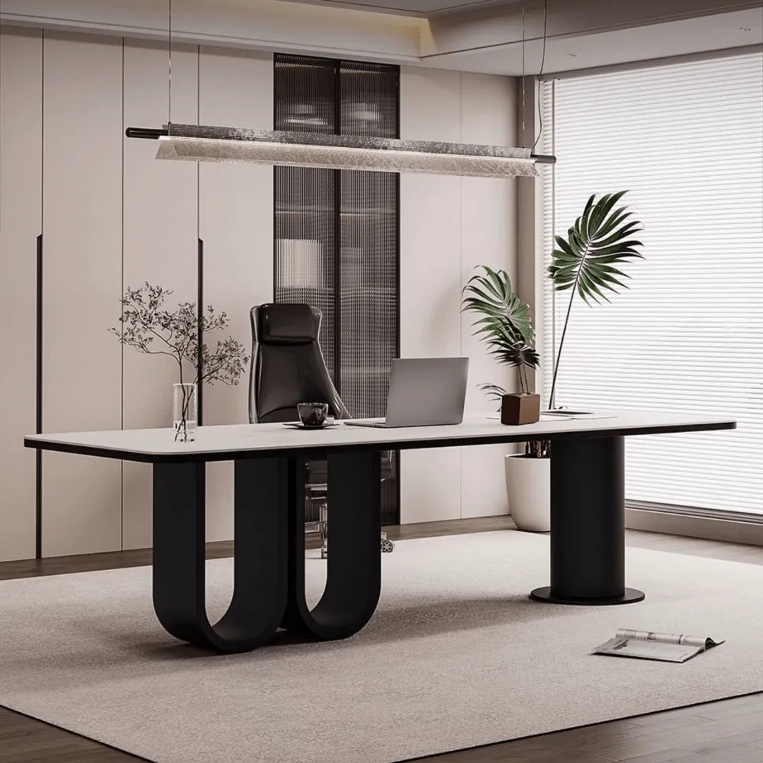 Stone Top Executive Office Desk with Sculptural Base and Solid Wood Main Product Image