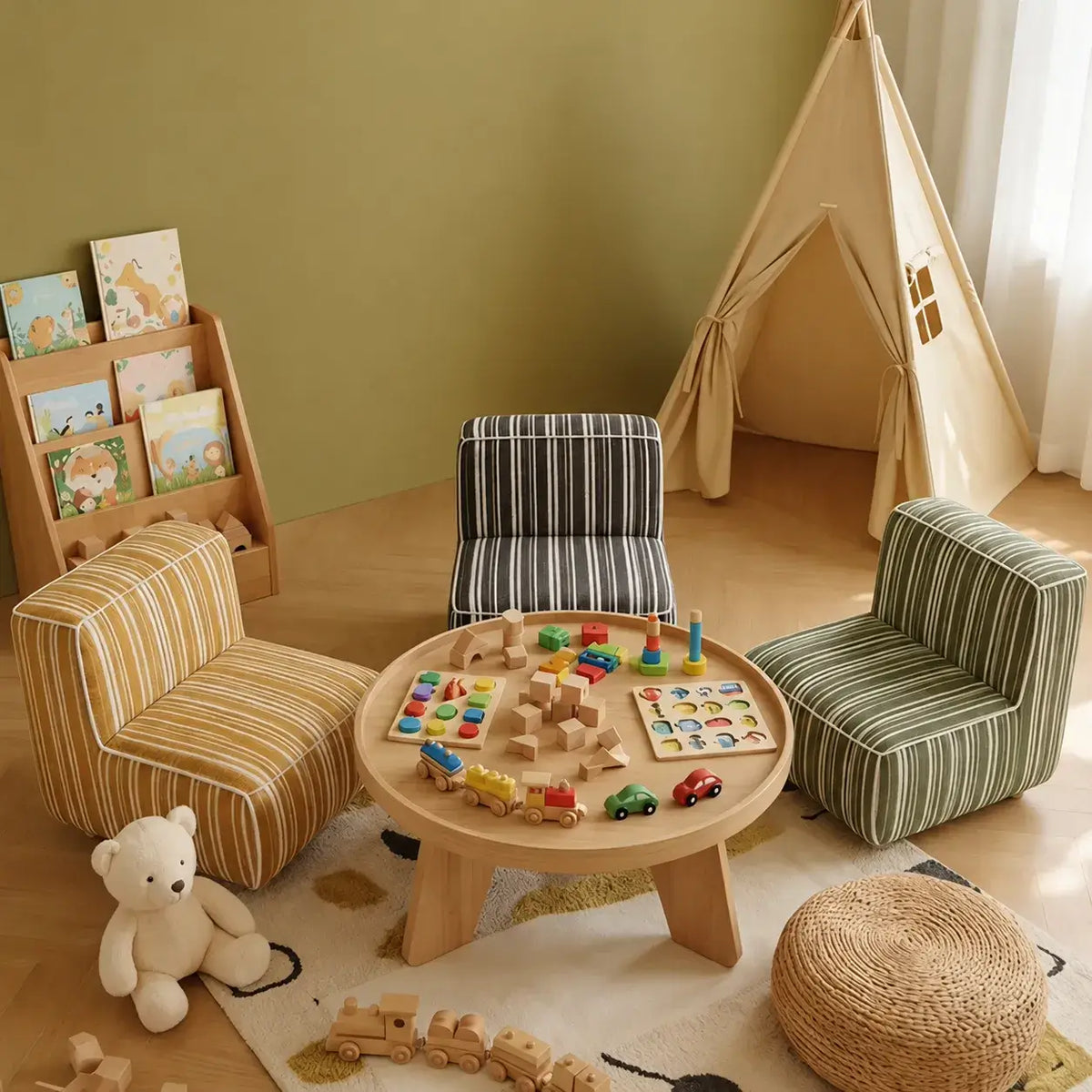 Striped Kids Chair with Sofa-Like Backrest, Rounded Low-Profile Form