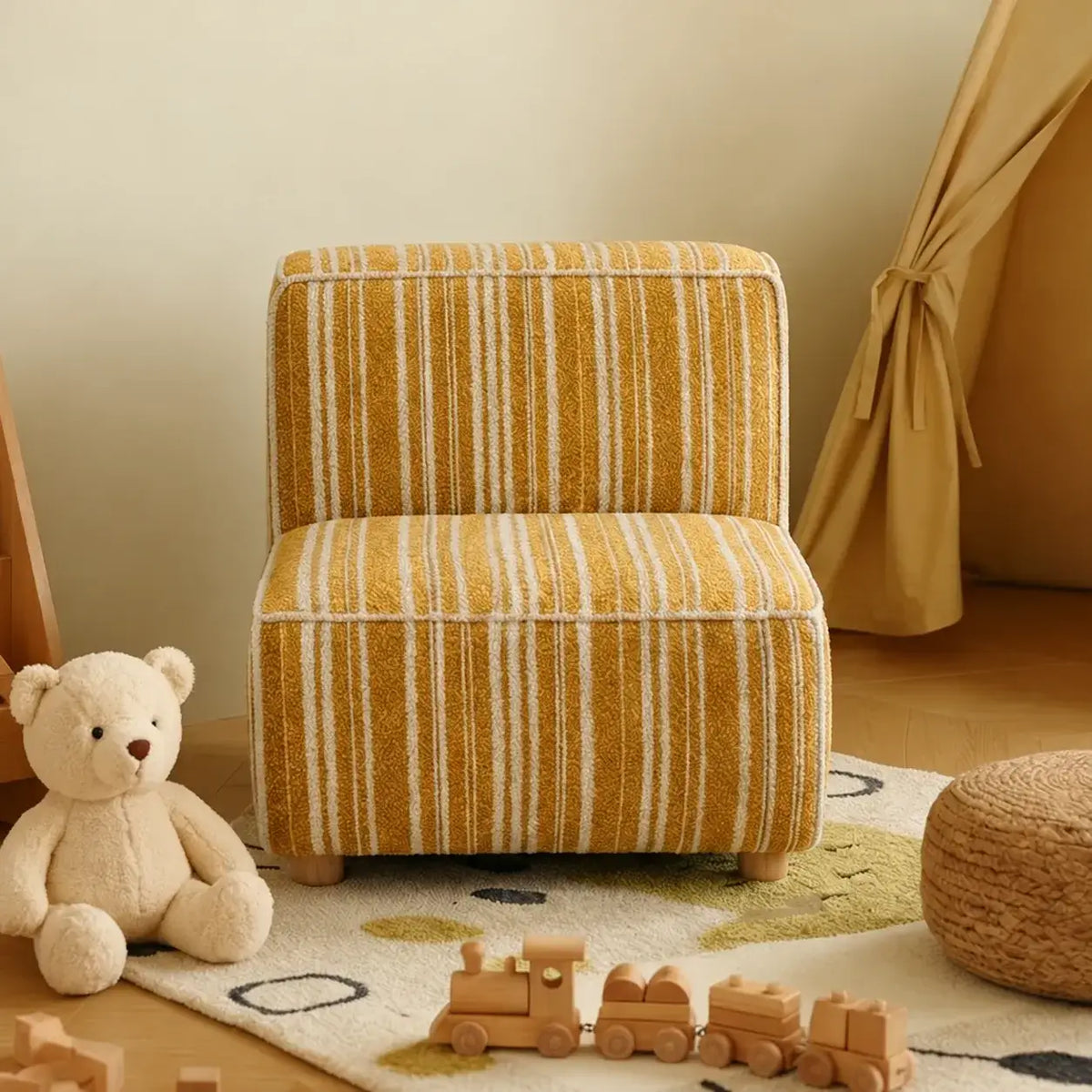 Striped Kids Chair with Sofa-Like Backrest, Rounded Low-Profile Form