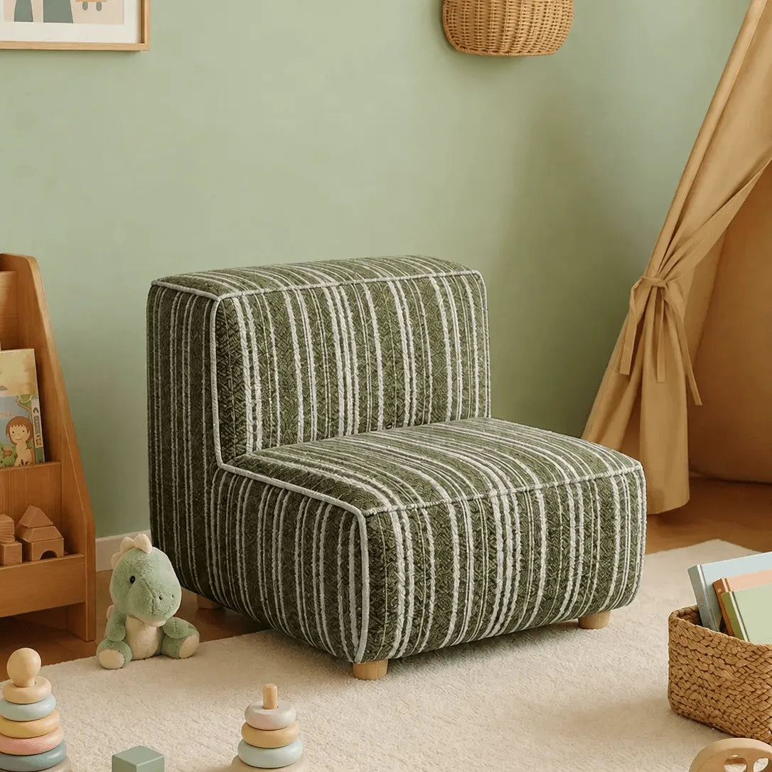 Striped Kids Chair with Sofa-Like Backrest, Rounded Low-Profile Form