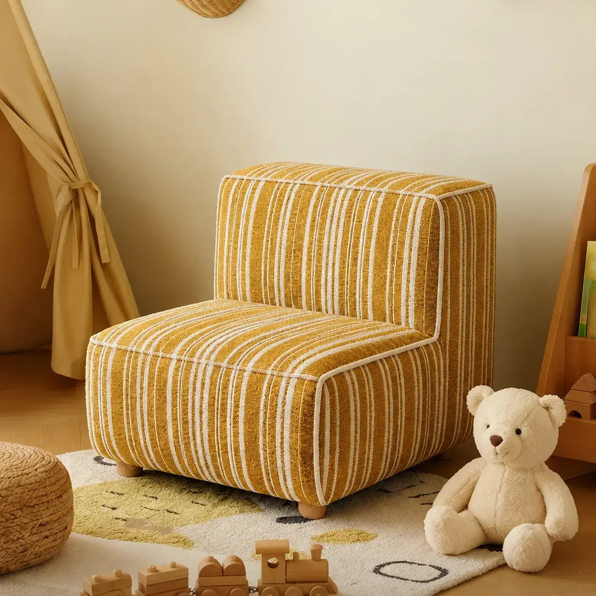 Striped Kids Chair with Sofa-Like Backrest, Rounded Low-Profile Form