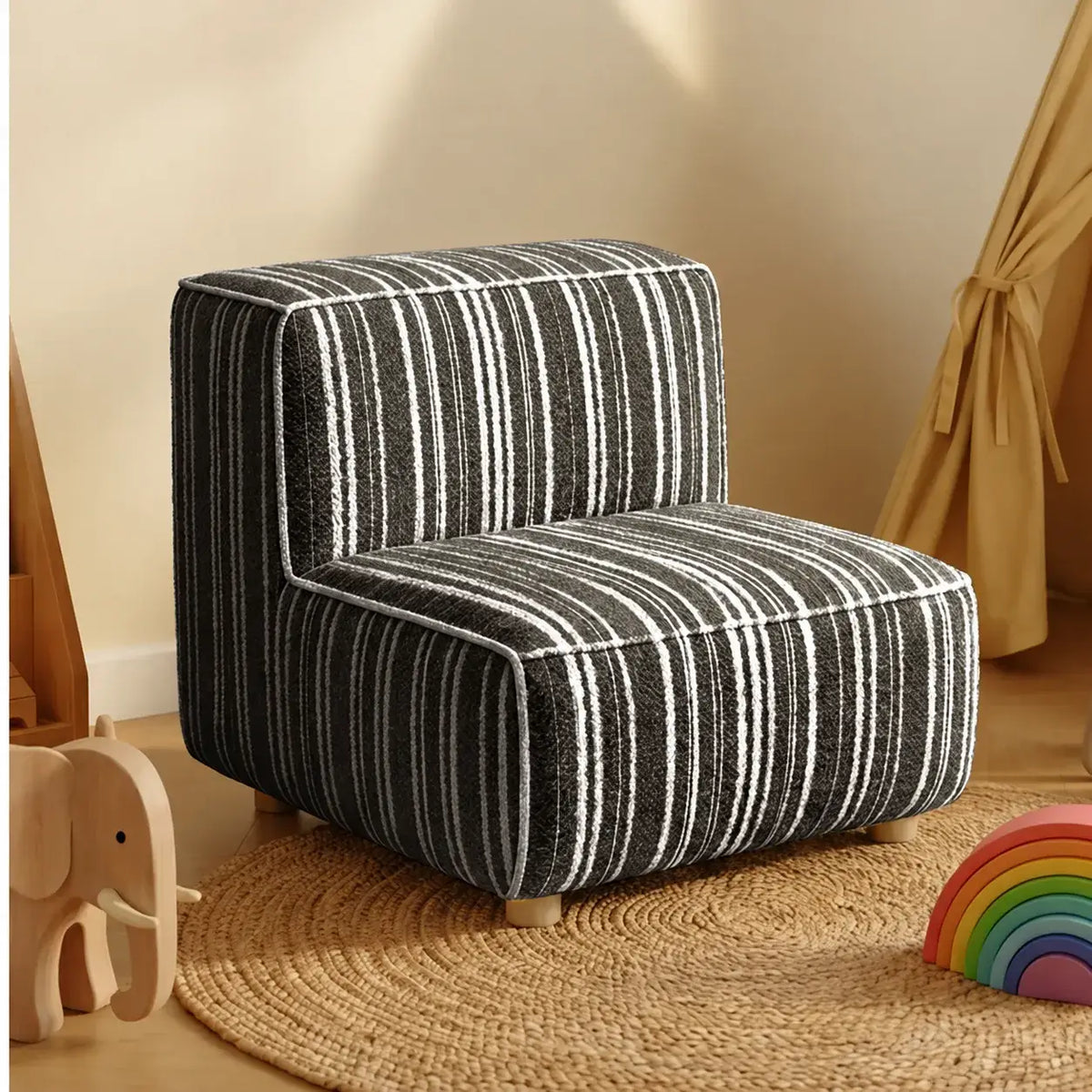Striped Kids Chair with Sofa-Like Backrest, Rounded Low-Profile Form