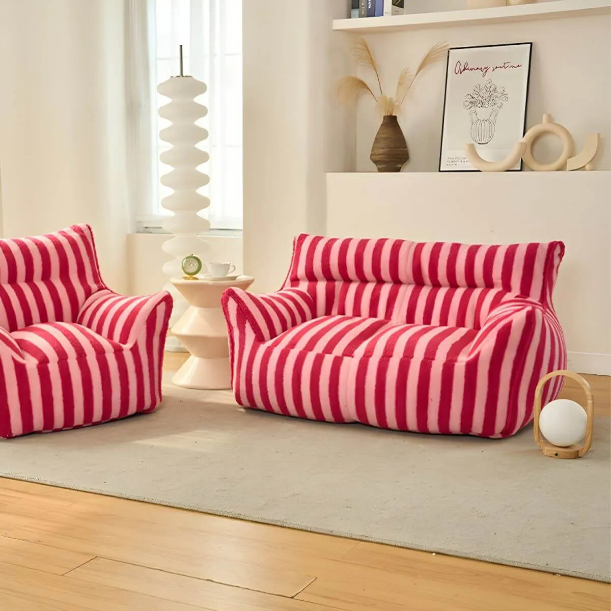 Striped Mohair & Silk Velvet Bean Bag Chair and Sofa with Removable Cover