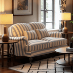 Striped Rolled-Arm Sofa with Carved Wood Legs and Plush Cushions