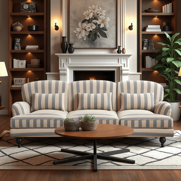 Striped Rolled-Arm Sofa with Carved Wood Legs and Plush Cushions