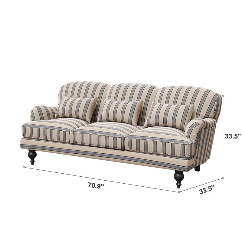 Striped Rolled-Arm Sofa with Carved Wood Legs and Plush Cushions Dimensions