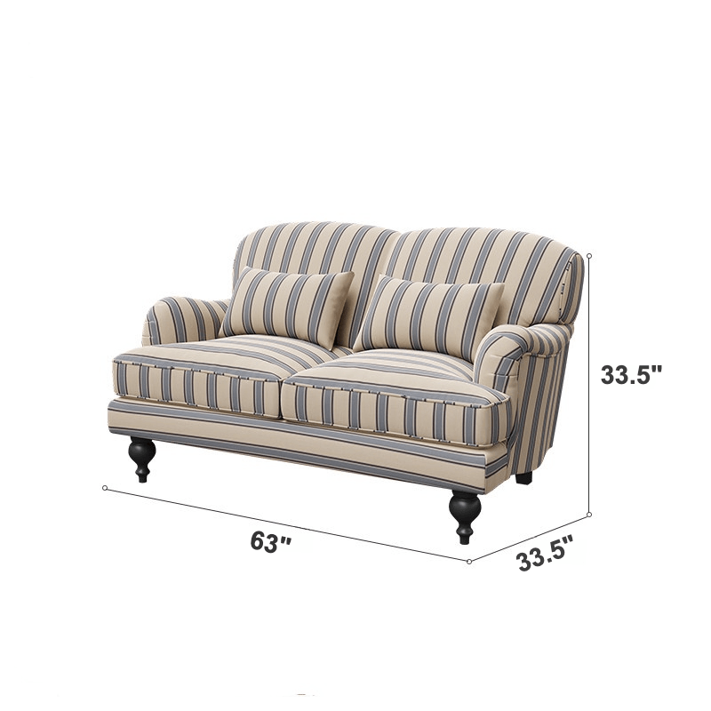 Striped Rolled-Arm Sofa with Carved Wood Legs and Plush Cushions Dimensions