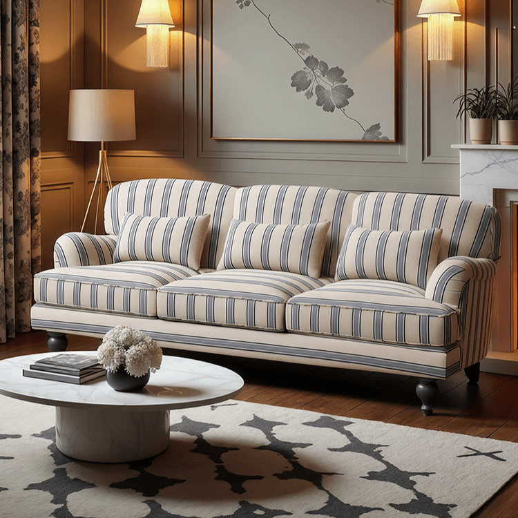 Striped rolled-arm sofa with carved wood legs and plush cushions in ivory and gray-blue vertical stripes.