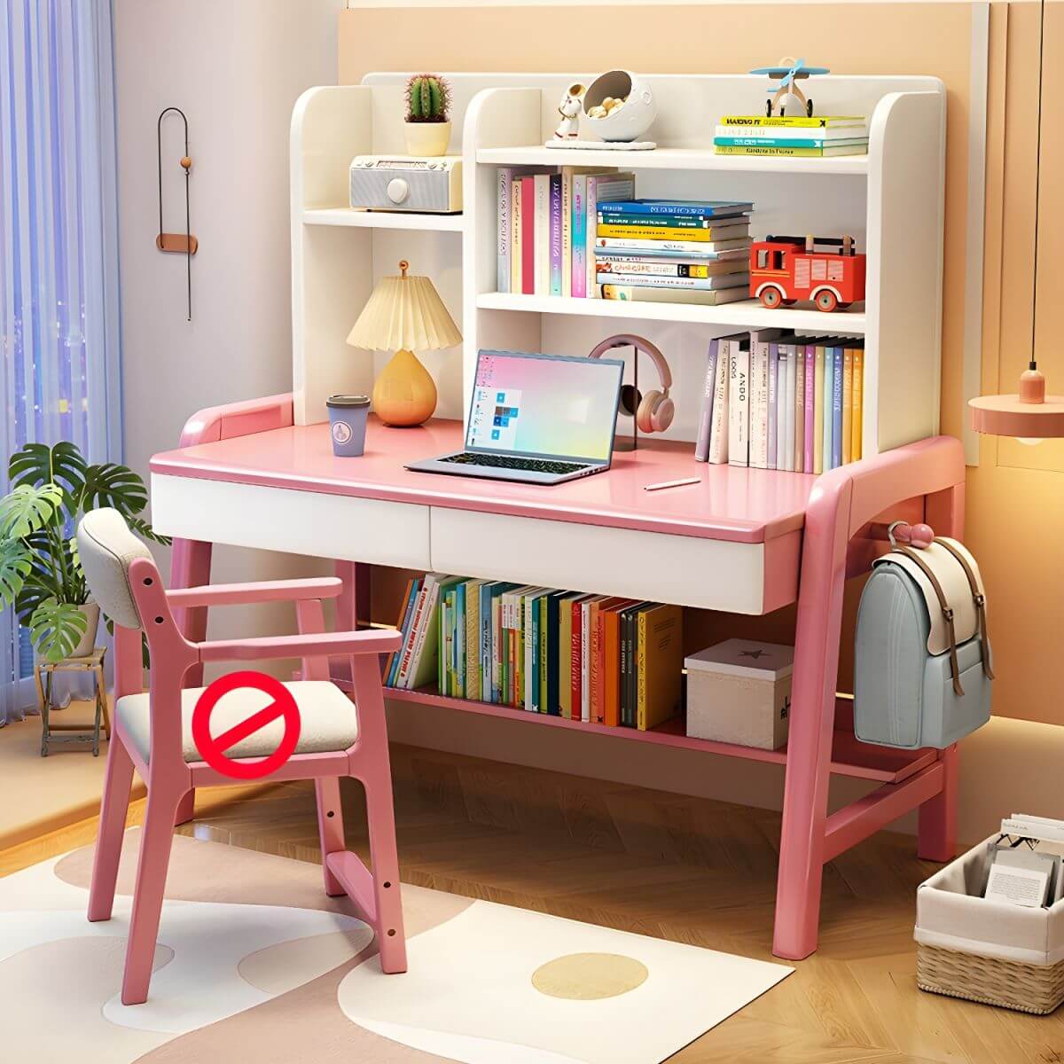 Stylish Walnut Kids Writing Desk with Open Shelves and Storage