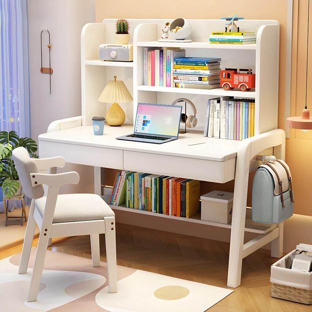 Stylish Walnut Kids Writing Desk with Open Shelves and Storage