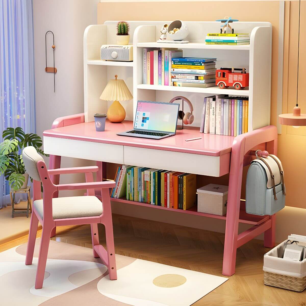 Stylish Walnut Kids Writing Desk with Open Shelves and Storage