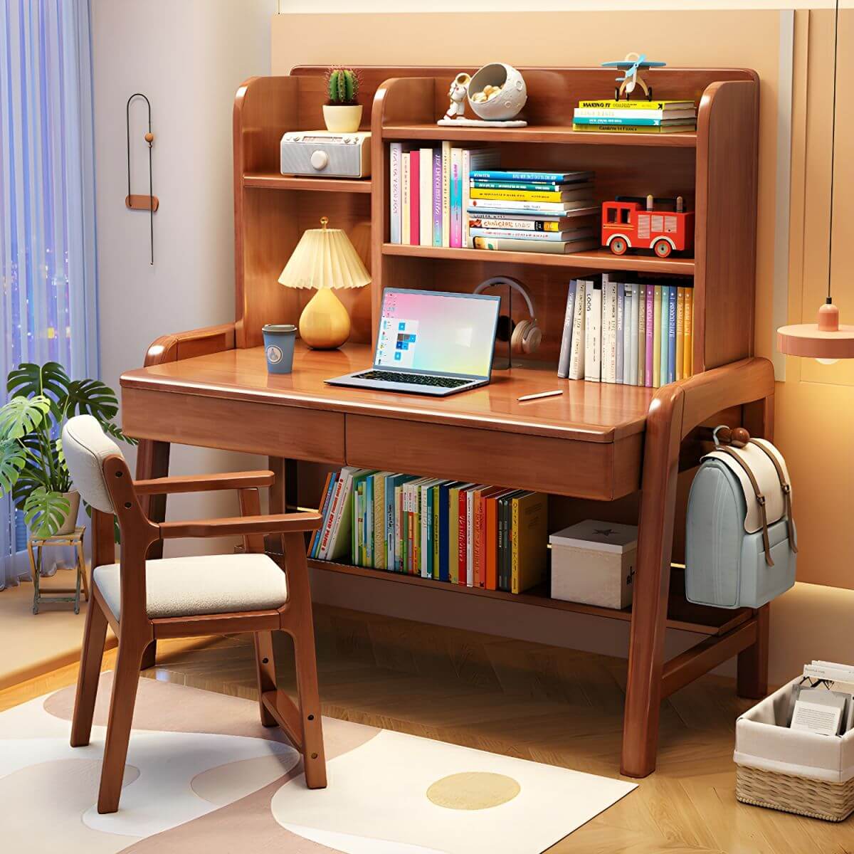 Stylish Walnut Kids Writing Desk with Open Shelves and Storage